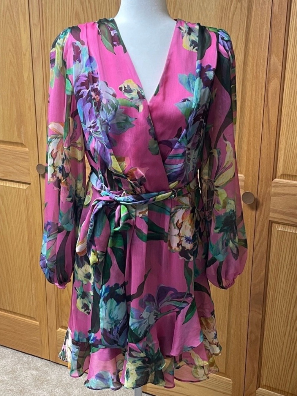 Alex Marie Fuchsia Floral Wrap Dress with Sheer Long Sleeves